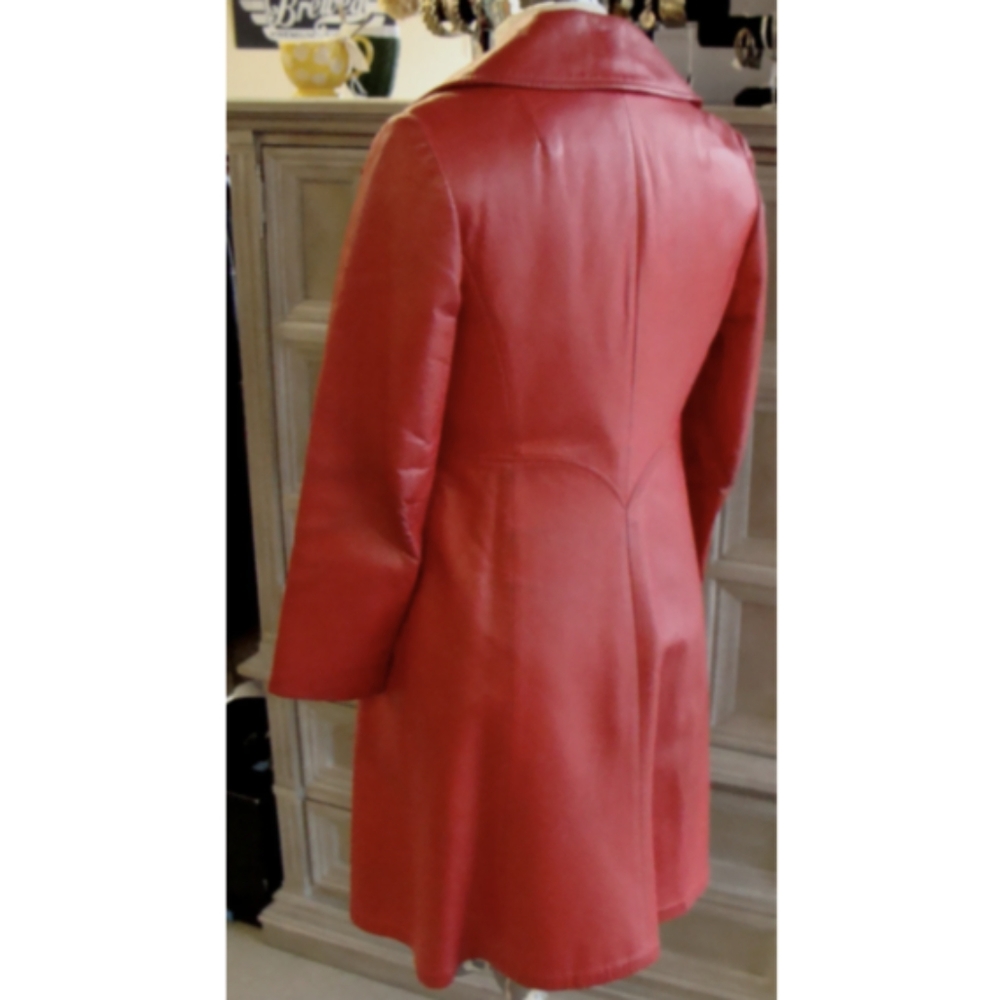 red LEATHER COAT vintage trench jacket S - Picture 10 of 11